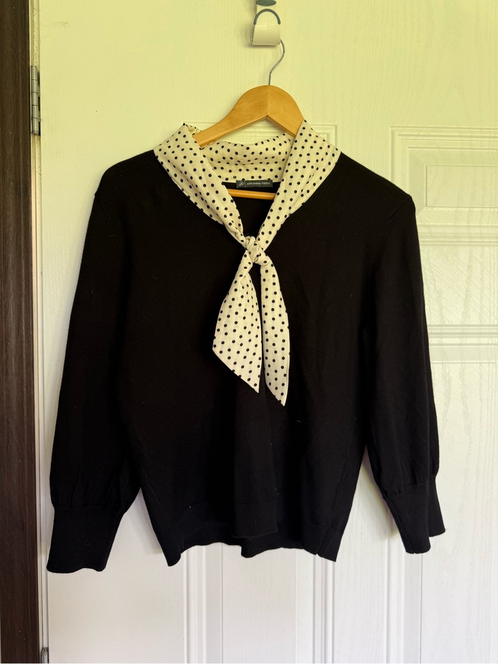 2 for $20 sale: Adrianna Papell black knit sweater with polka dot scarf collar /